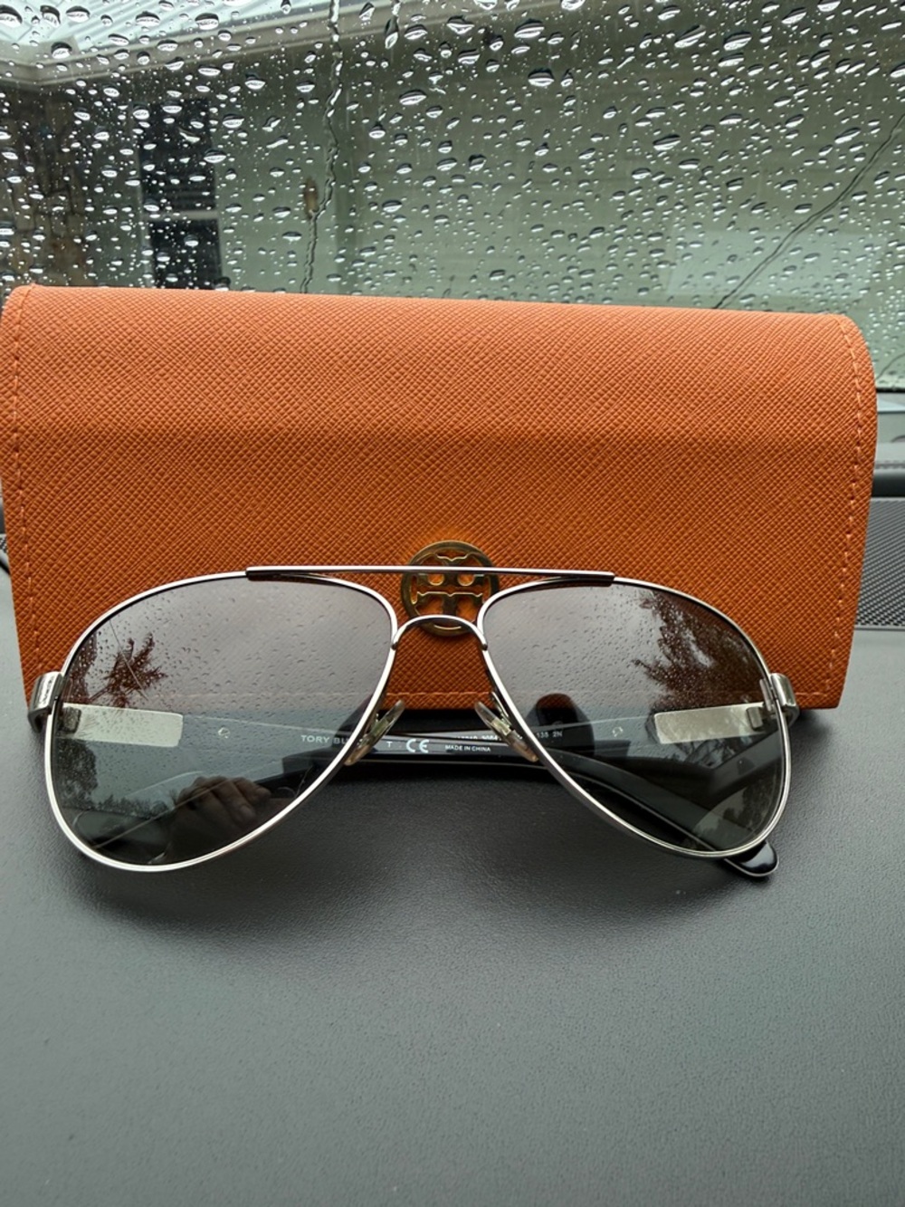 Tory Burch Silver Aviator Sunglasses with grey arms